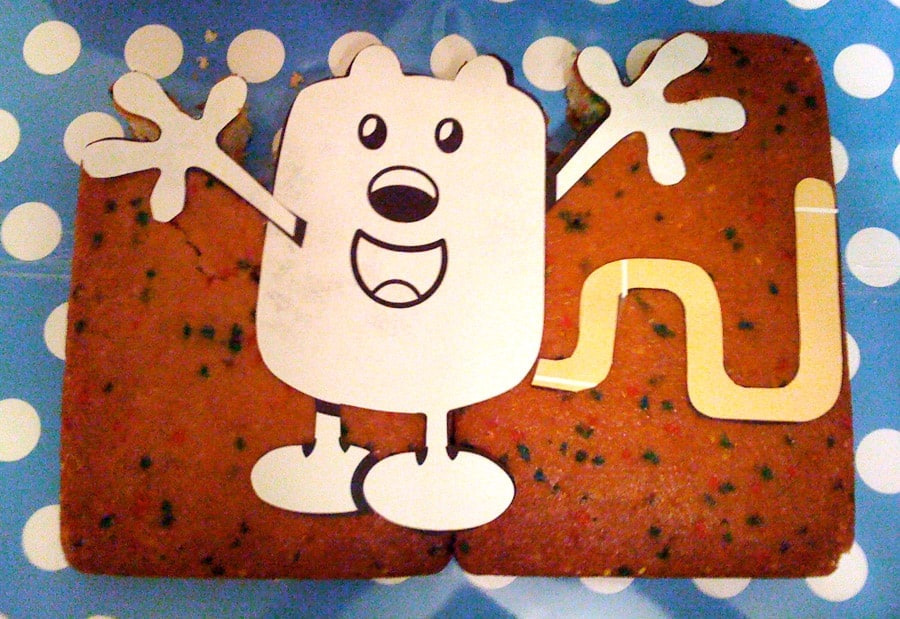 Wow Wow Wubbzy Cake printed out, slightly altered, and placed on 2 13x9 cakes.