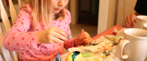 Egg-dying with direct food color application onto the egg.