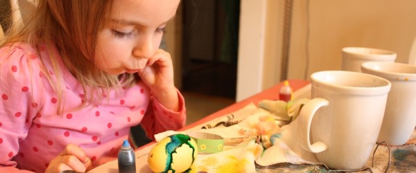 Egg-dying with direct food color application onto the egg.