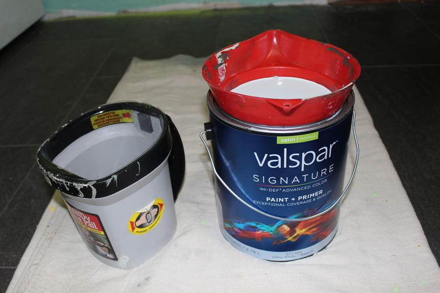 Once prep is done, I threw down a dropcloth, and prepared to cut-in the edges. I opened the well-shaken can of Valspar Signature Paint + Primer and 