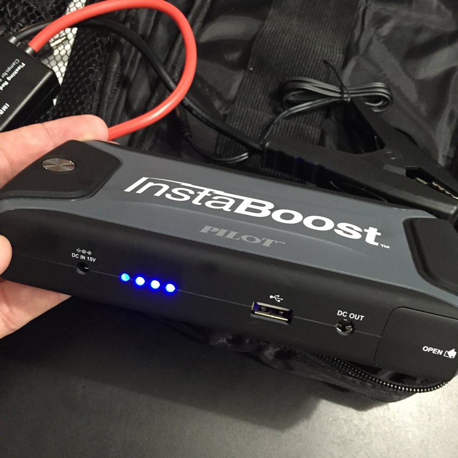 instaboost charge indicator shows three lights for 75 percent power after jump starting car