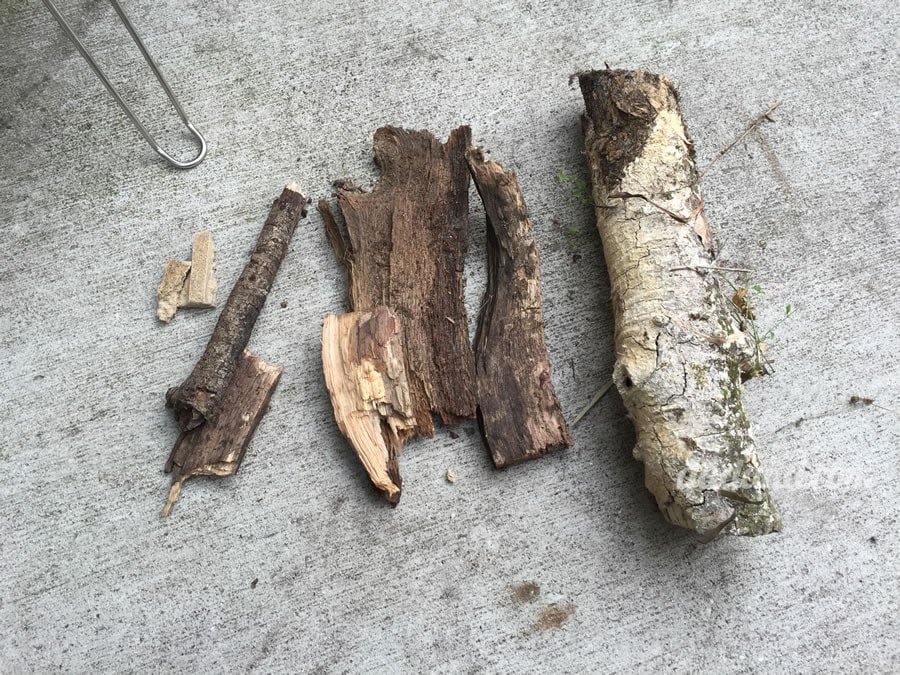 So I’m starting with a piece of the included firestarter (left), then some stuff scrounged up from my backyard, various sticks, bark and then a small log from the firewood pile.